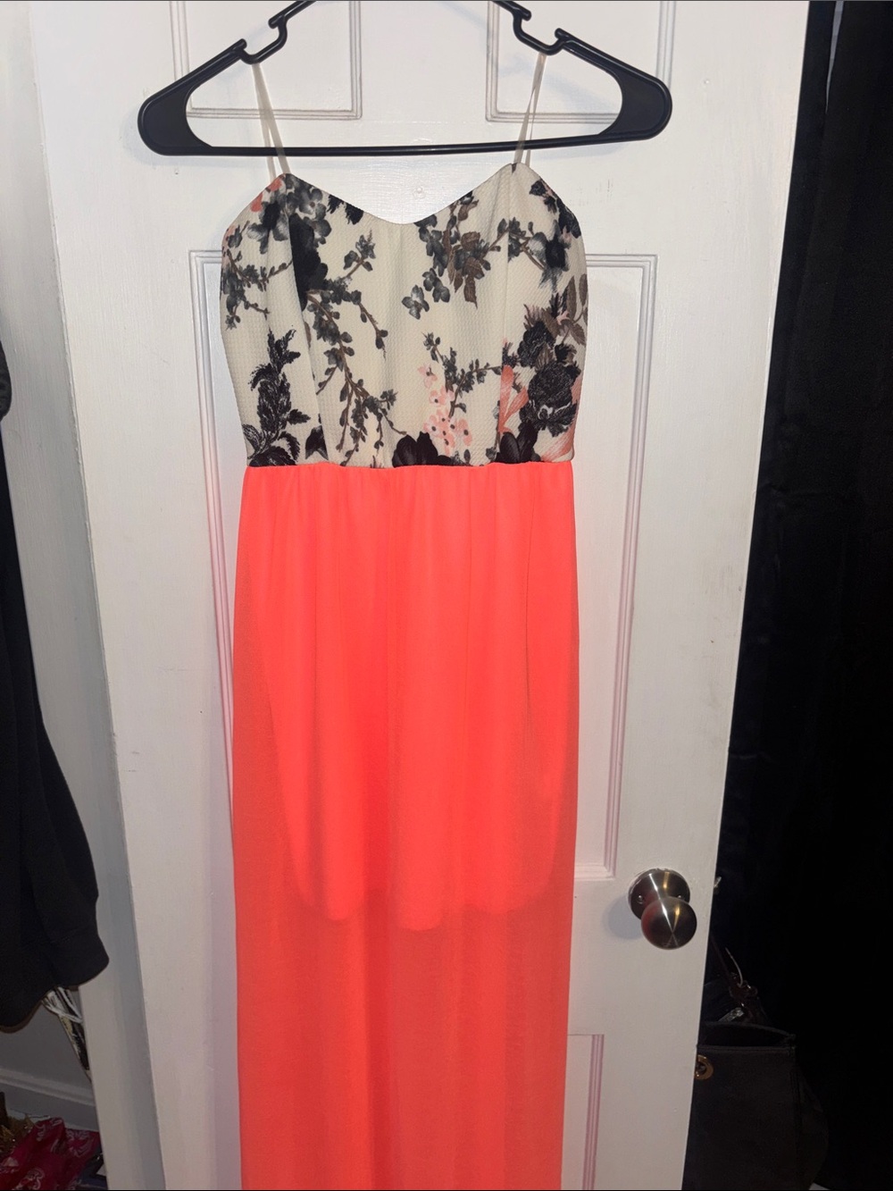 Coral Maxi Dress with Floral Lace Bodice